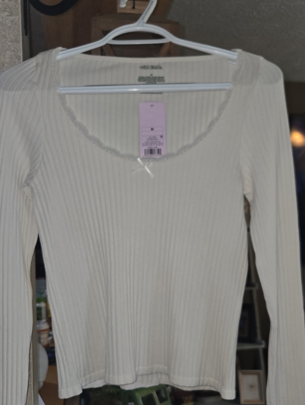wild fable Cream Ribbed Scoop-Neck Long Sleeve Top with Lace Trim
